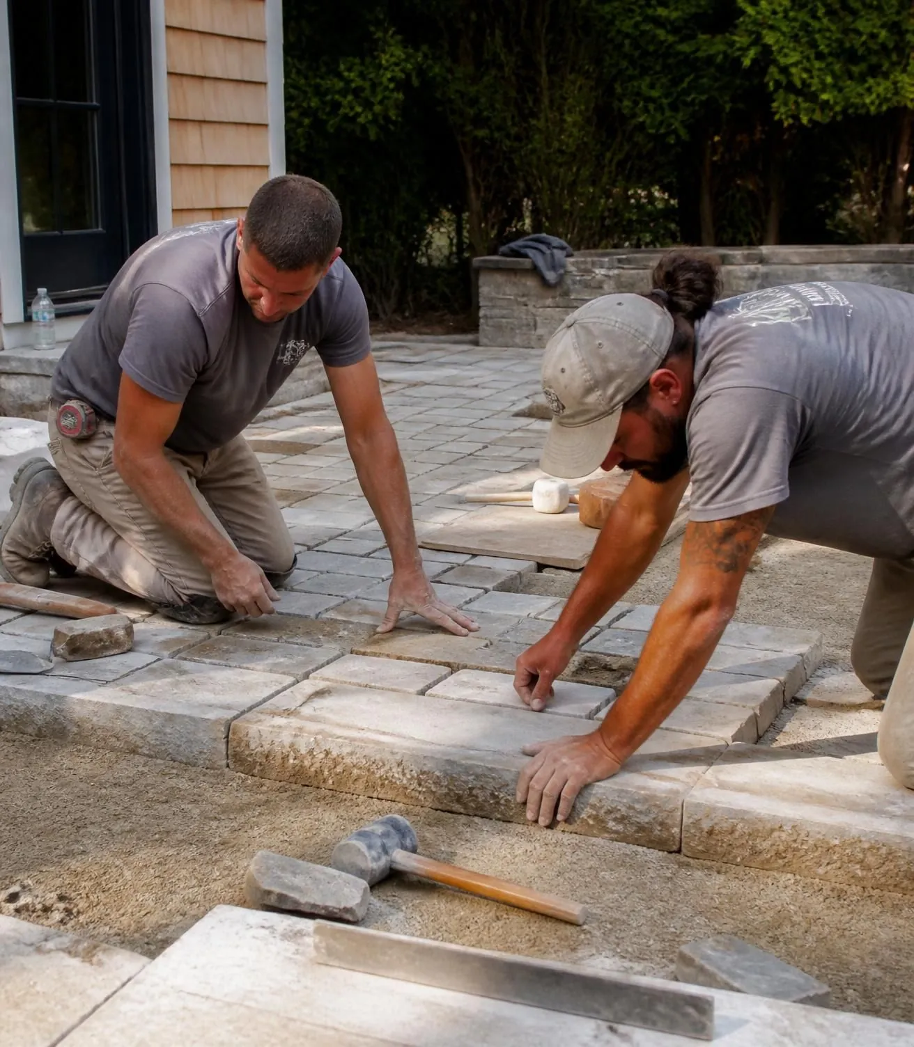 Quality Construction masonry crew laying a stone patio