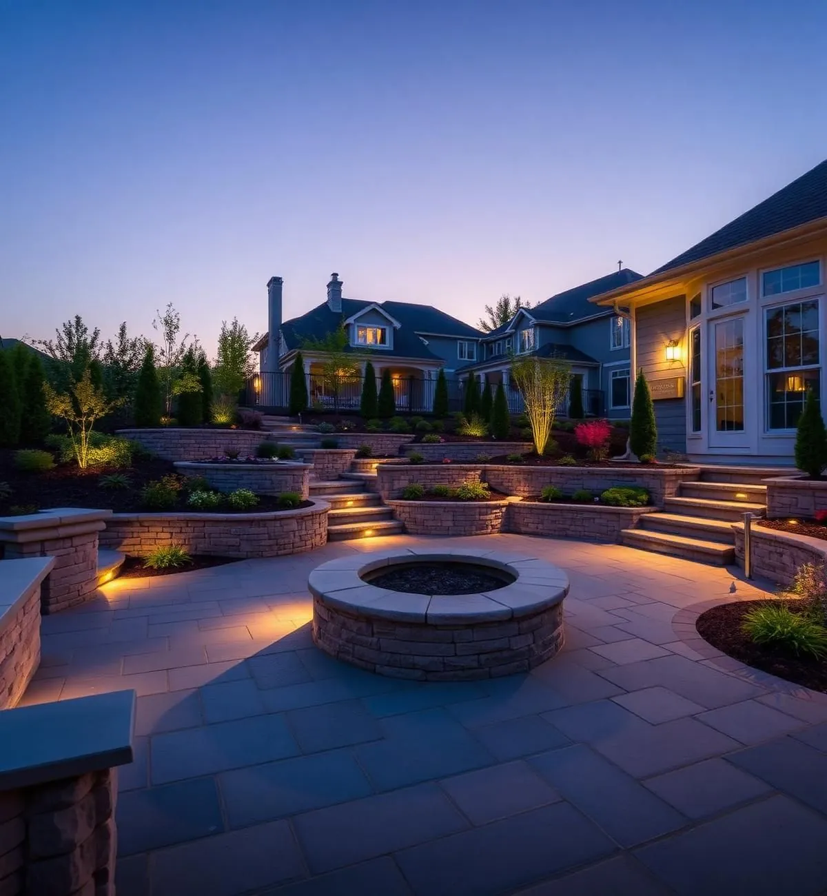Backyard bluestone patio with fire pit and landscape lighting at dusk