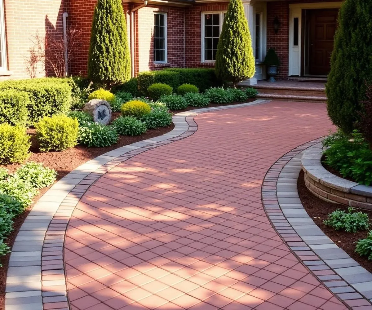 Herringbone brick walkway through a manicured front garden