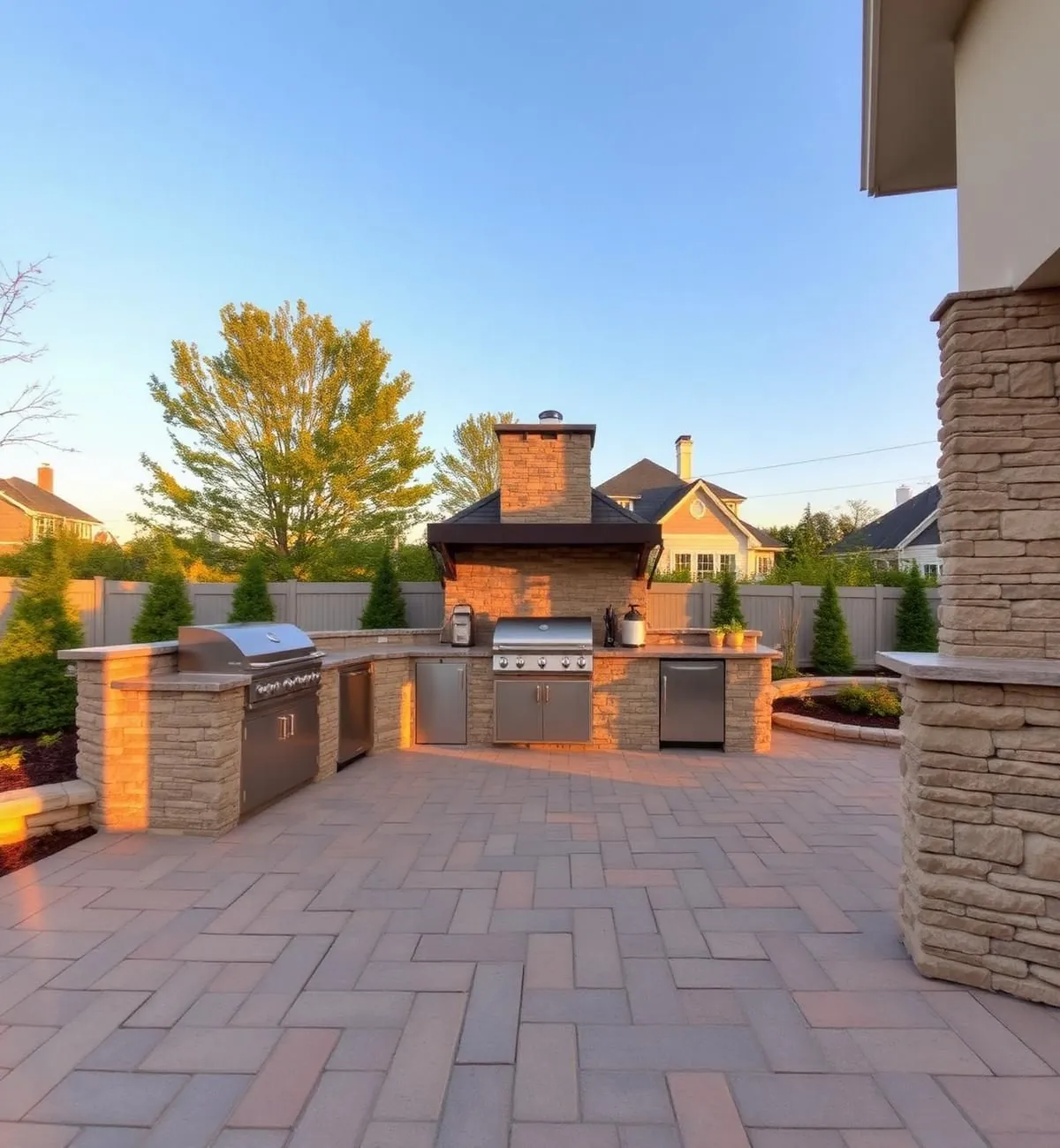 Outdoor stone kitchen and patio at golden hour