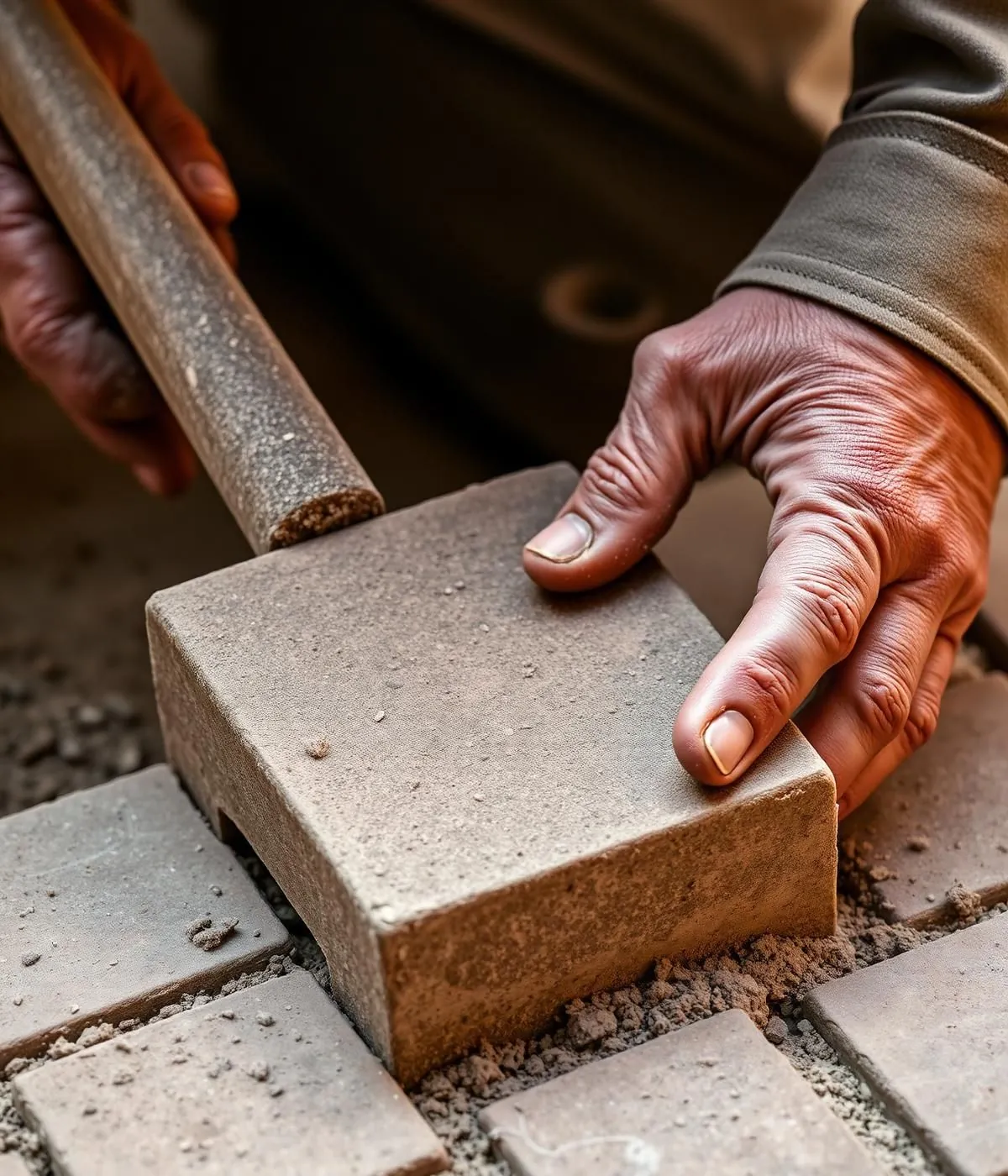 Mason craftsman placing a stone paver by hand